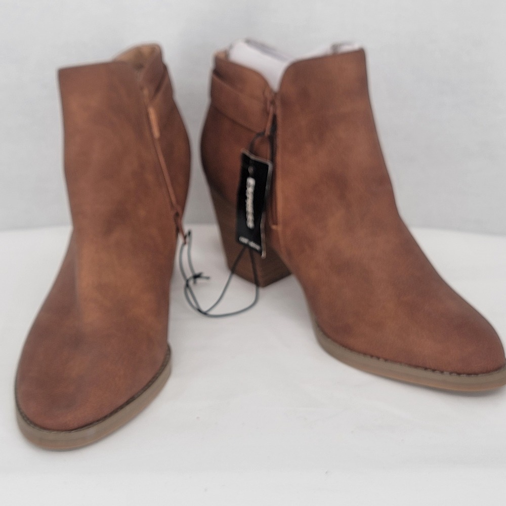 Express Womens Cognac Brown Faux Leather Buckle Ankle Boots Block Heel Size 9.5